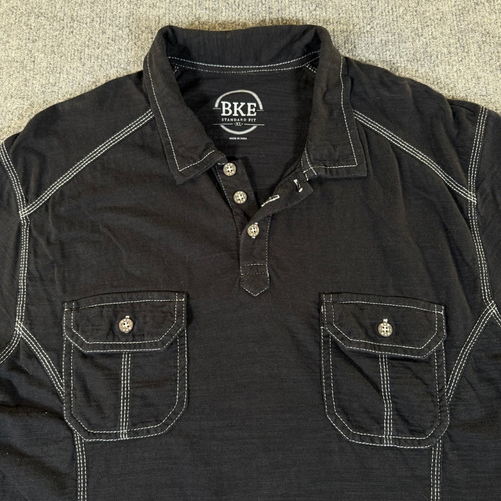 BKE Mens XL Black Contrast Stitch Short Sleeve Polo Shirt Double Pocket #3921